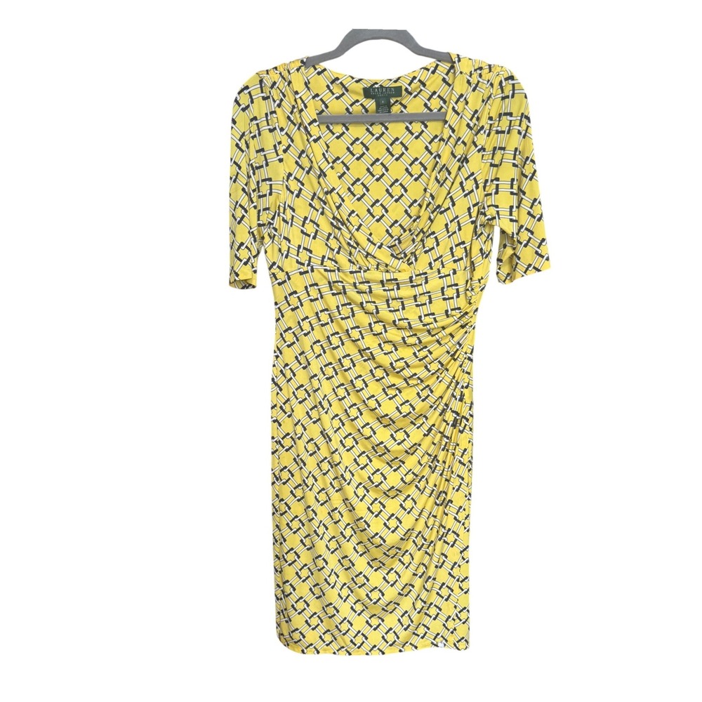 Lauren Ralph Lauren Dress Geometric Chain Link 8 Yellow Excellent Ruched Sheath